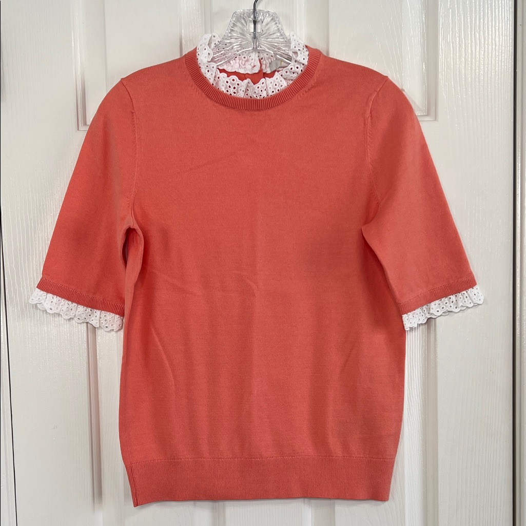 Boden Coral Pink & White Eyelet Lace Trim Top Size Small